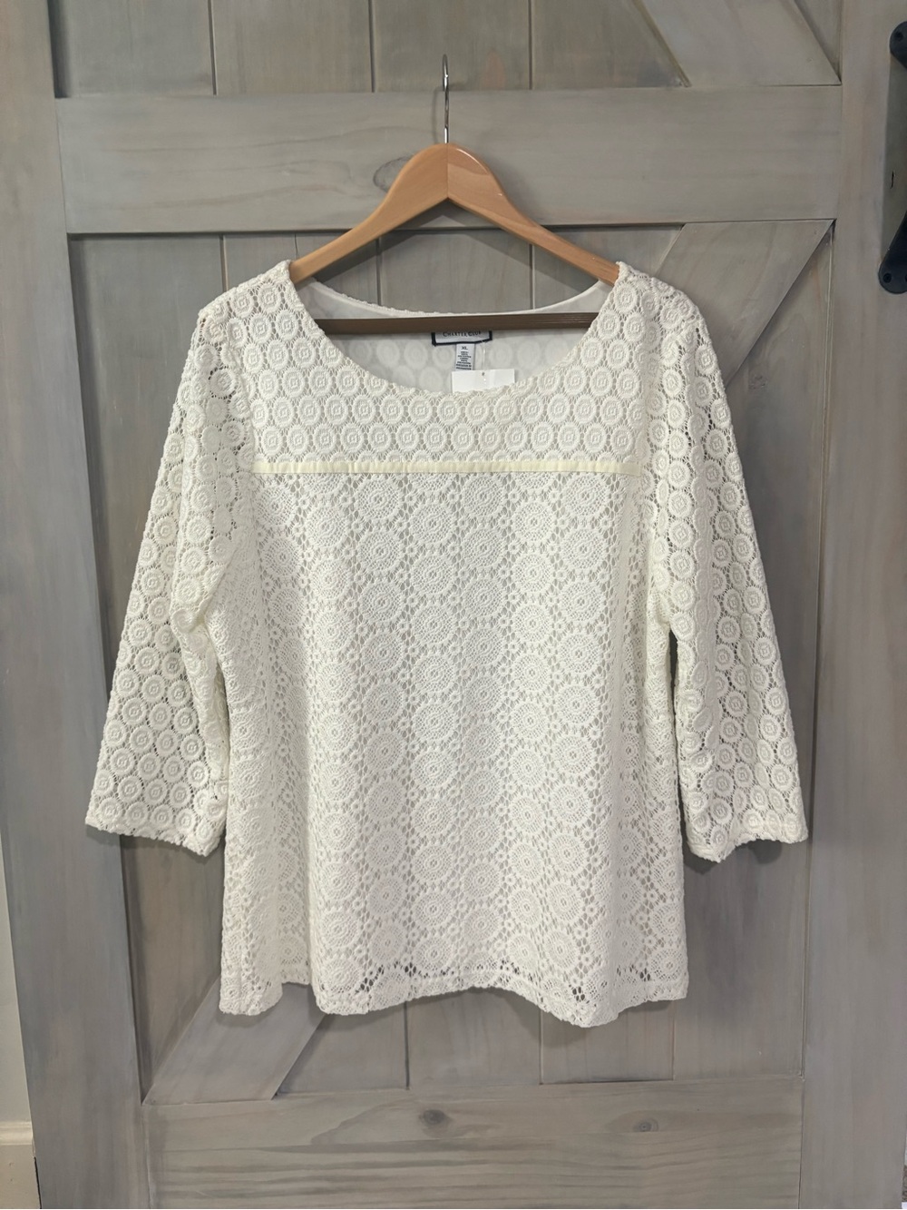 Charter Club Cream Lace Crochet 3/4 Sleeve Top
